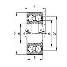 角接觸球軸承 3007-B-TVH, 雙列，接觸角 α = 25°