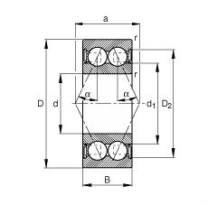 角接觸球軸承 3814-B-2RSR-TVH, 雙列，雙側(cè)唇密封，接觸角 α = 25°