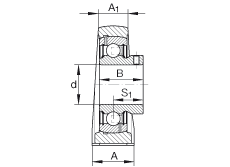 直立式軸承座單元 PASEY1, 鑄鐵軸承座，外球面球軸承，根據(jù) ABMA 15 - 1991, ABMA 14 - 1991, ISO3228 內(nèi)圈帶有平頭螺栓，P型密封，英制