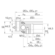 四點接觸球軸承 VSI200544-N, 標(biāo)準(zhǔn)系列 20， 內(nèi)部的齒輪齒，兩側(cè)唇密封